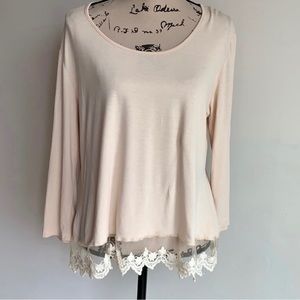 Kaktus| Women’s Long Sleeve beige/cream/sand shade Blouse, Tull Lace Trim Bottom